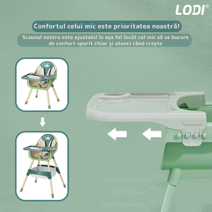 Scaun de Masa 3in1 pentru Bebelusi si Copii  Lodi91, inaltime ajustabila, centura de siguranta in 5 puncte, tavita reglabila si detasabila, loc depozitare jucarii, verde