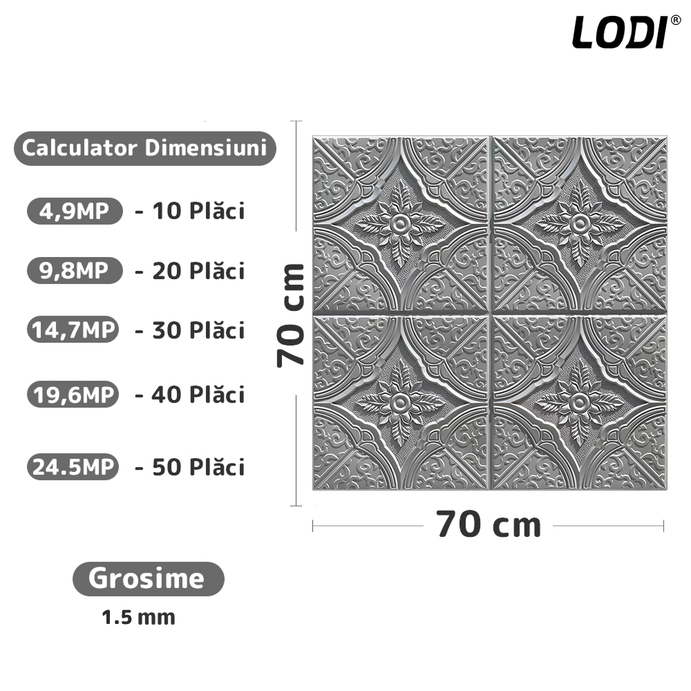 Set 10x Tapet 3D Lodi805, suprafata acoperire 4.9 mp, autoadeziv, Model Floral Diamant, perete/tavan, waterproof, usor de montat, design modern, 70x70 cm, gri