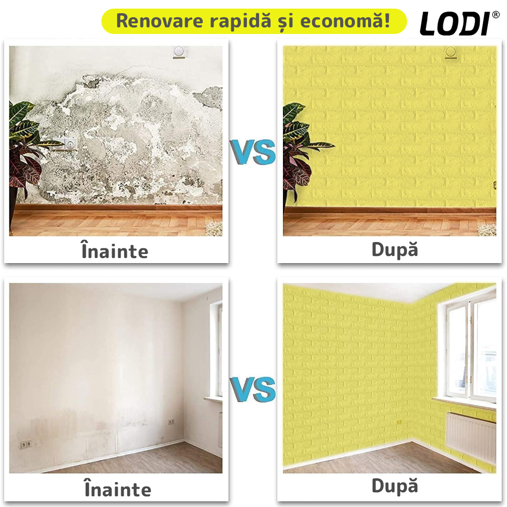 Set Tapet Caramida 3D Lodi55, suprafata acoperire 5.3 mp, autoadeziv, waterproof, usor de montat, design modern, 70x77 cm, galben