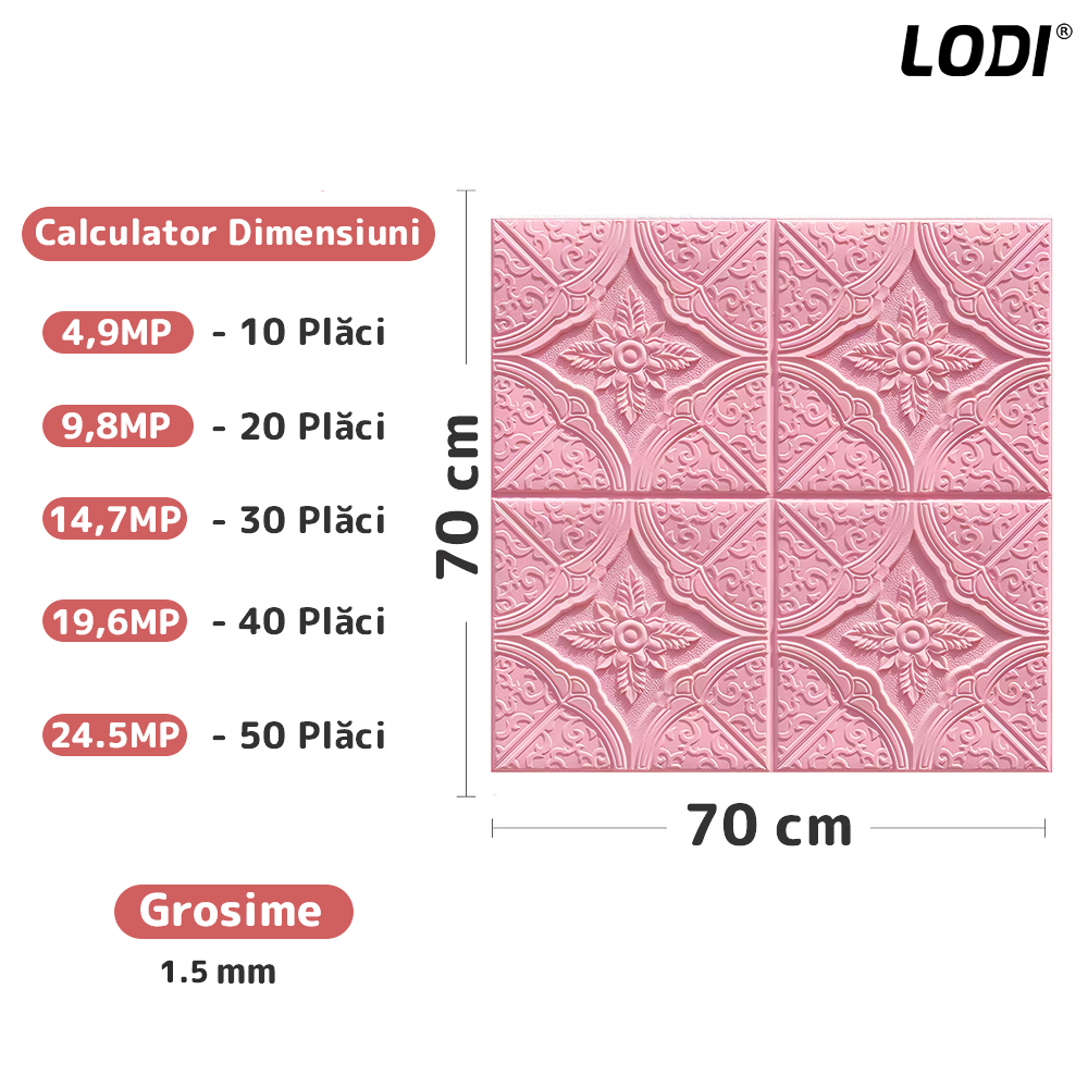 Set 10x Tapet 3D Lodi799, suprafata acoperire 4.9 mp, autoadeziv, Model Floral Diamant, perete/tavan, waterproof, usor de montat, design modern, 70x70 cm, roz