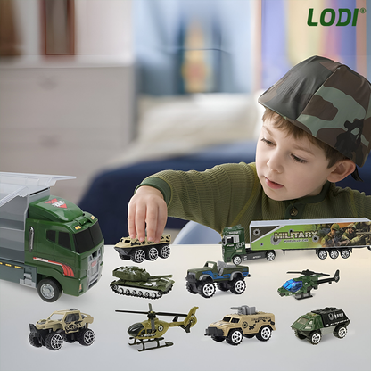 Set Camion Trailer de Jucarie pentru Transport Lodi1166, seria armata, 10 masinute incluse, jeep, tanc, tir, elicopter, accesorii mobile, lansator si rampa frontala, platforma tractare, verde