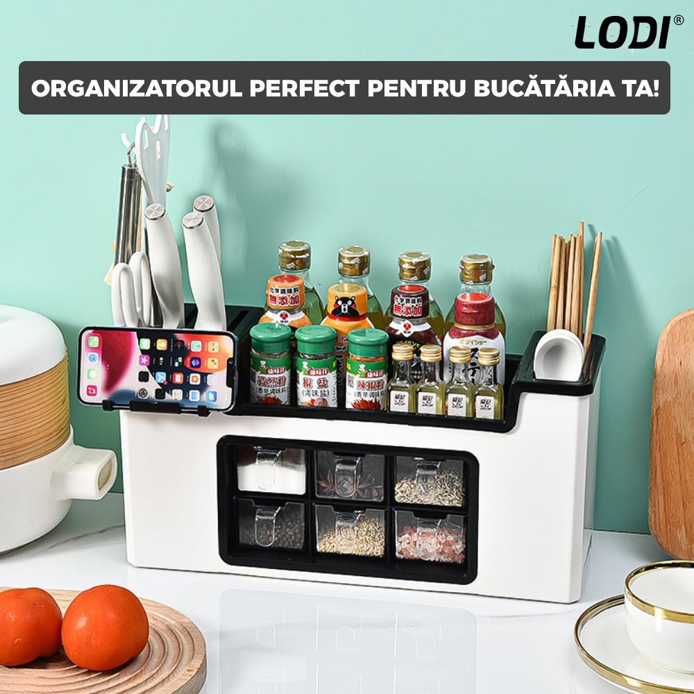 Organizator Multifunctional pentru Bucatarie Lodi531, 6 Compartimente, raft condimente, suport detasabil telefon,  tavita de scurgere, suport tacamuri/ustensile, alb
