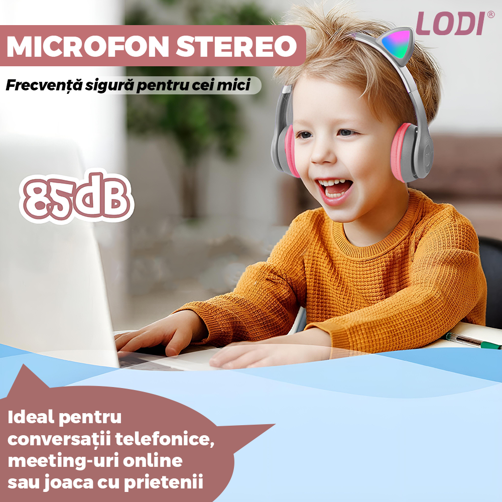 Casti Wireless Model Pisica Lodi953, P47M, overear, urechi de pisica cu iluminare RGB, bluetooth 5.0, handsfree, HiFi, bass stereo, gri/roz
