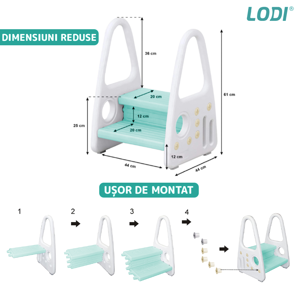 Scaunel Inaltator pentru Copii Lodi640, multifunctional,  tip scara, doua trepte, suprafata anti-alunecare, manere laterale, pentru bucatarie/baie, confortabil, sigur, turcoaz