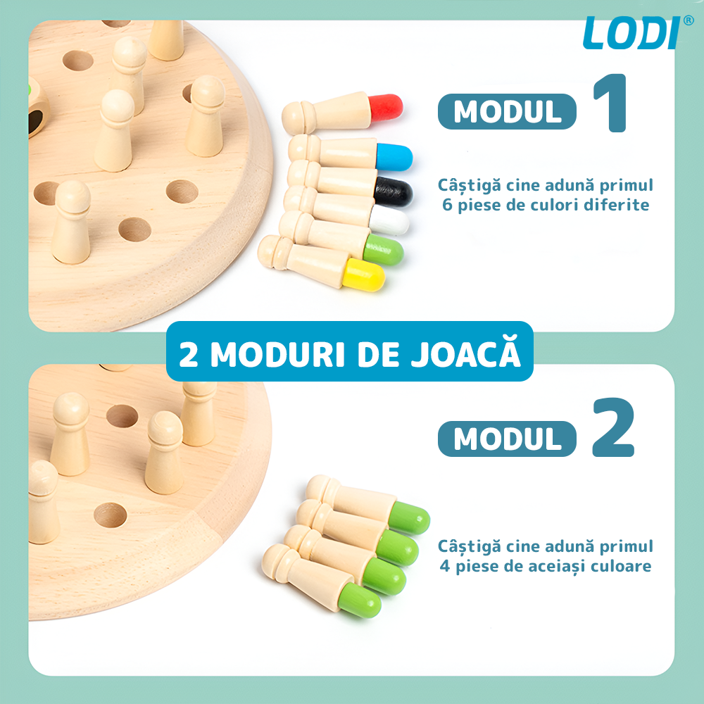 Joc de Memorie tip Sah Lodi1198, pentru copii, tabla de lemn rotunda, piese colorate, dezvolta abilitatile de memorare si inteligenta, zar inclus, multicolor
