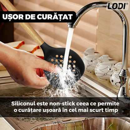 Set Ustensile Bucatarie 12 Piese Silicon Alimentar Lodi622, termorezistente, antiaderente, sigure, suport inox, negru