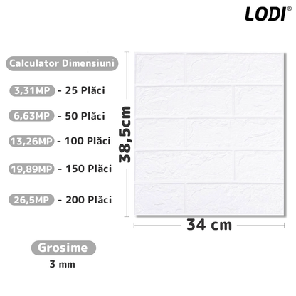 Set Tapet Mic Caramida 3D Lodi102, suprafata acoperire 3.31 mp, autoadeziv, waterproof, usor de montat, design modern, 38.5x34 cm, alb