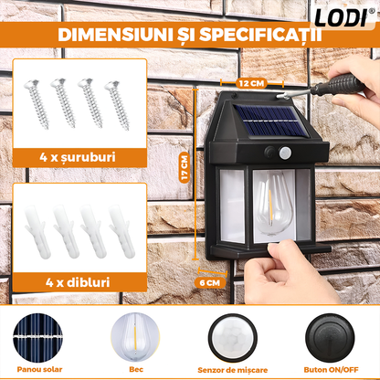 Lampa Solara de Perete LED Tip Felinar Lodi1248, senzor de miscare 5-8 metri, fara fir, 3 moduri de iluminare, protectie IP65, Waterproof, exterior, negru