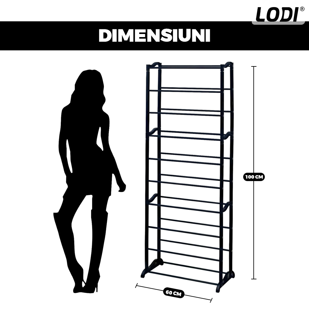 Pantofar tip Raft Lodi1126, pentru incaltaminte, 10 niveluri, capacitate mare, structura stabila, tevi din metal, 100 x 60 cm, negru