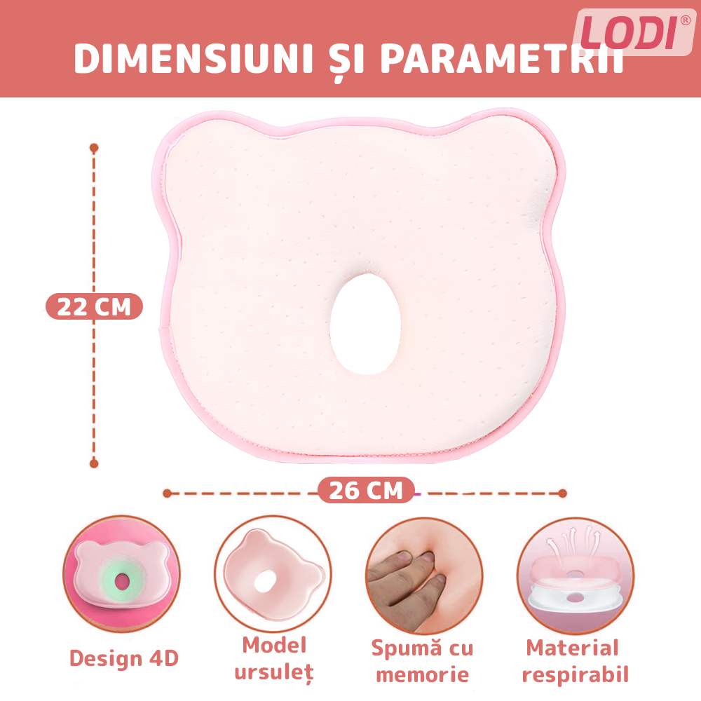 Perna pentru Bebelusi Lodi992, model ursulet, husa de protectie inclusa, spuma cu memorie, anti-plagiocefalie, pentru formarea capului, 26x22 cm,roz