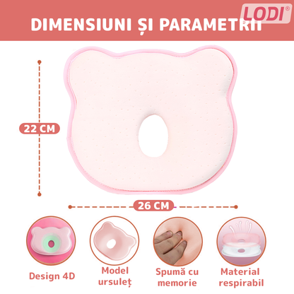 Perna pentru Bebelusi Lodi992, model ursulet, husa de protectie inclusa, spuma cu memorie, anti-plagiocefalie, pentru formarea capului, 26x22 cm,roz