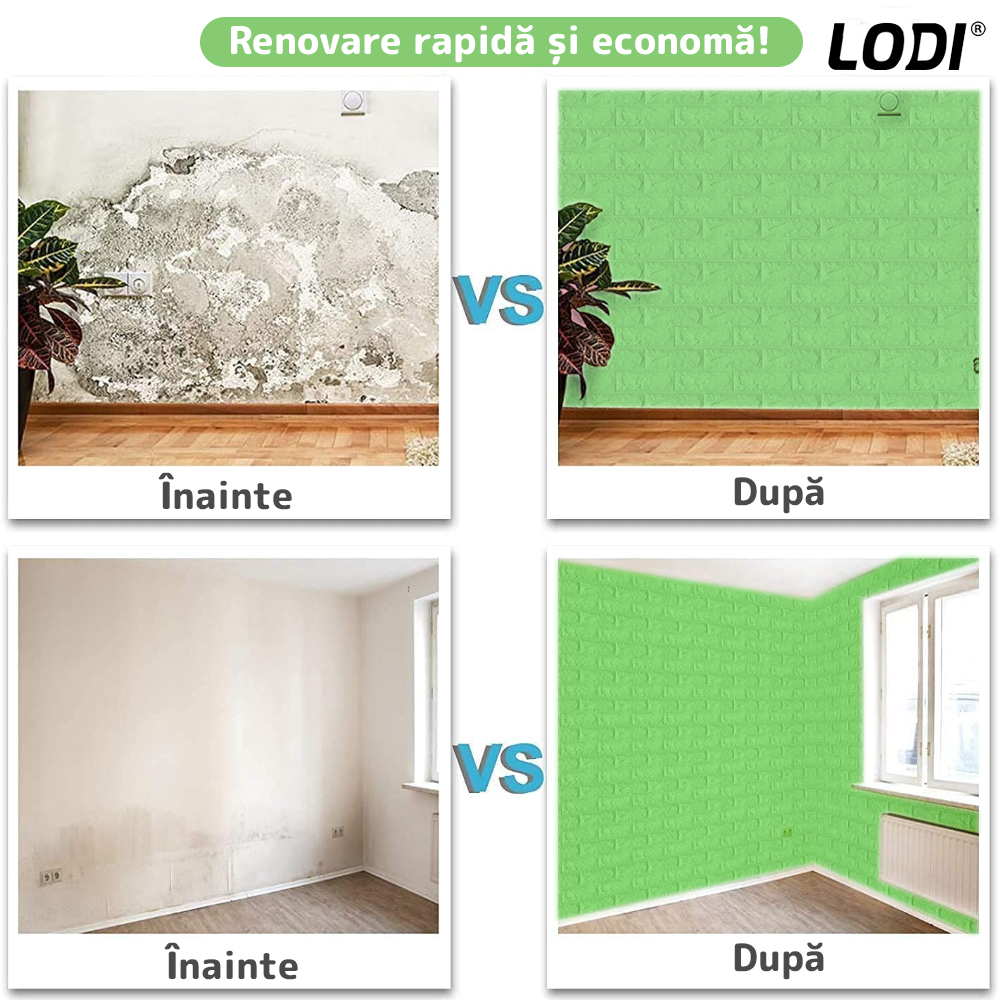 Set Tapet Caramida 3D Lodi54, suprafata acoperire 5.3 mp, autoadeziv, waterproof, usor de montat, design modern, 70x77 cm, verde