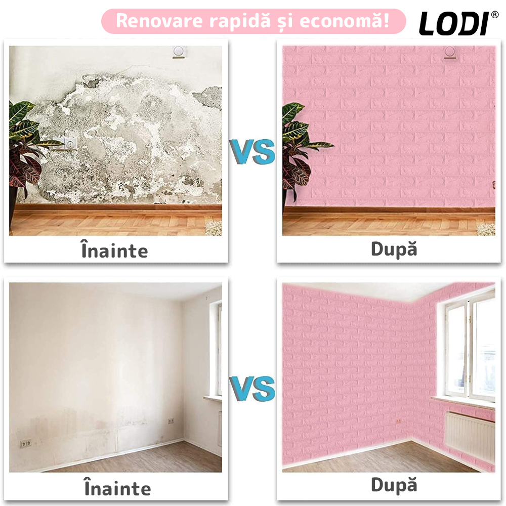 Set Tapet Caramida 3D Lodi53, suprafata acoperire 5.3 mp, autoadeziv, waterproof, usor de montat, design modern, 70x77 cm, roz