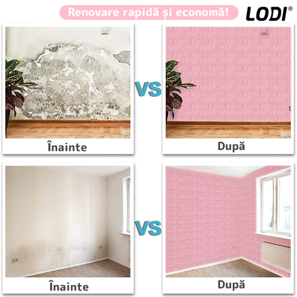 Set Tapet Caramida 3D Lodi53, suprafata acoperire 5.3 mp, autoadeziv, waterproof, usor de montat, design modern, 70x77 cm, roz