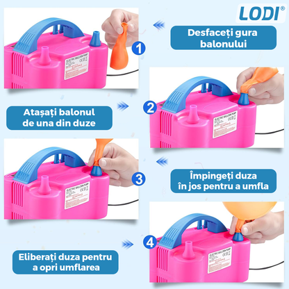Compresor Profesional pentru Umflat Baloane Lodi1132, 2 functii de umflare, fante de ventilatie, spatiu de depozitare cablu, portabil, putere 600W, alimentare 220V, roz