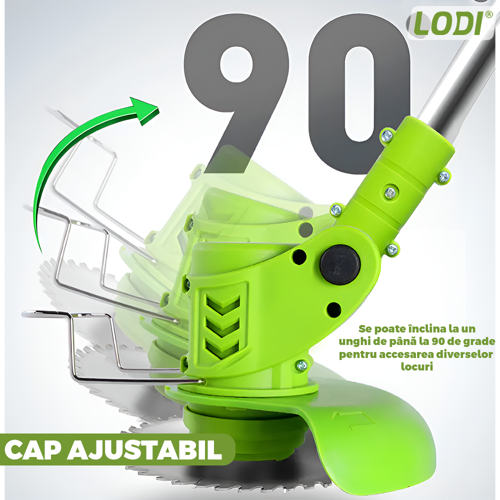 Motocoasa Electrica Lodi1175, acumulator 24V, baston telescopic, 3 tipuri de lame pentru taiere, 18000 RPM, autonomie de 2-3 ore, accesorii incluse, verde
