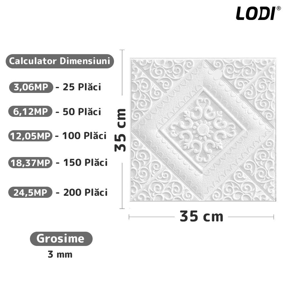 Set Tapet Mic 3D Lodi110, suprafata acoperire 3.06 mp, autoadeziv, perete/tavan, model floare, waterproof, usor de montat, design modern, 35x35 cm, alb