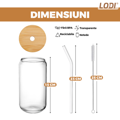 Set 4 Pahare de Sticla cu Capac si Pai Lodi1005, sticla borosilicata, perie pentru curatare inclusa, capac din bambus, design modern, termorezistente, capacitate 500 ml, 15 cm