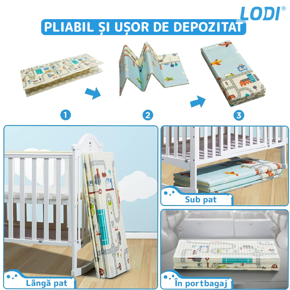 Covoras de Joaca pentru Copii Lodi287, 2 fete, termic, anti-derapant, pliabil, protectie impotriva loviturilor, oras si padure, 200x180cm, grosime 1 cm, multicolor