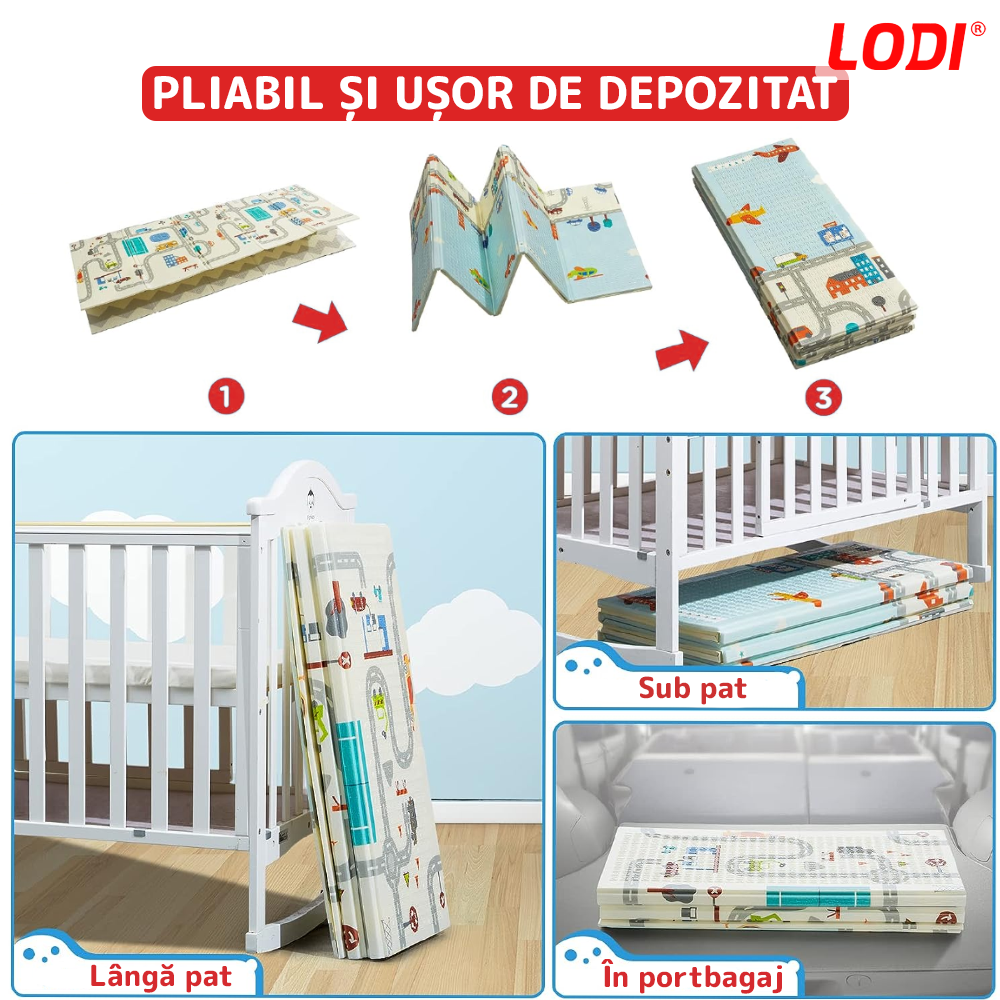 Covoras de Joaca pentru Copii Lodi488, 2 fete, termic, anti-derapant, pliabil, protectie impotriva loviturilor, oras si Londra, 200x180cm, grosime 1 cm, multicolor