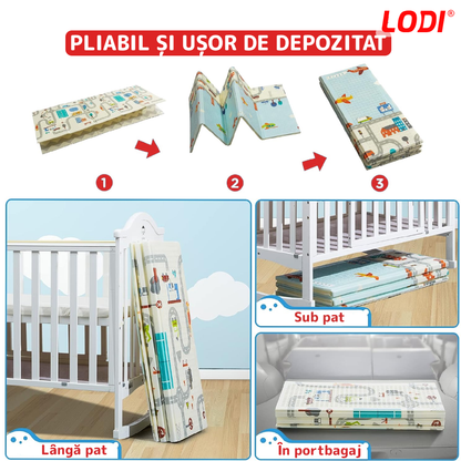 Covoras de Joaca pentru Copii Lodi488, 2 fete, termic, anti-derapant, pliabil, protectie impotriva loviturilor, oras si Londra, 200x180cm, grosime 1 cm, multicolor