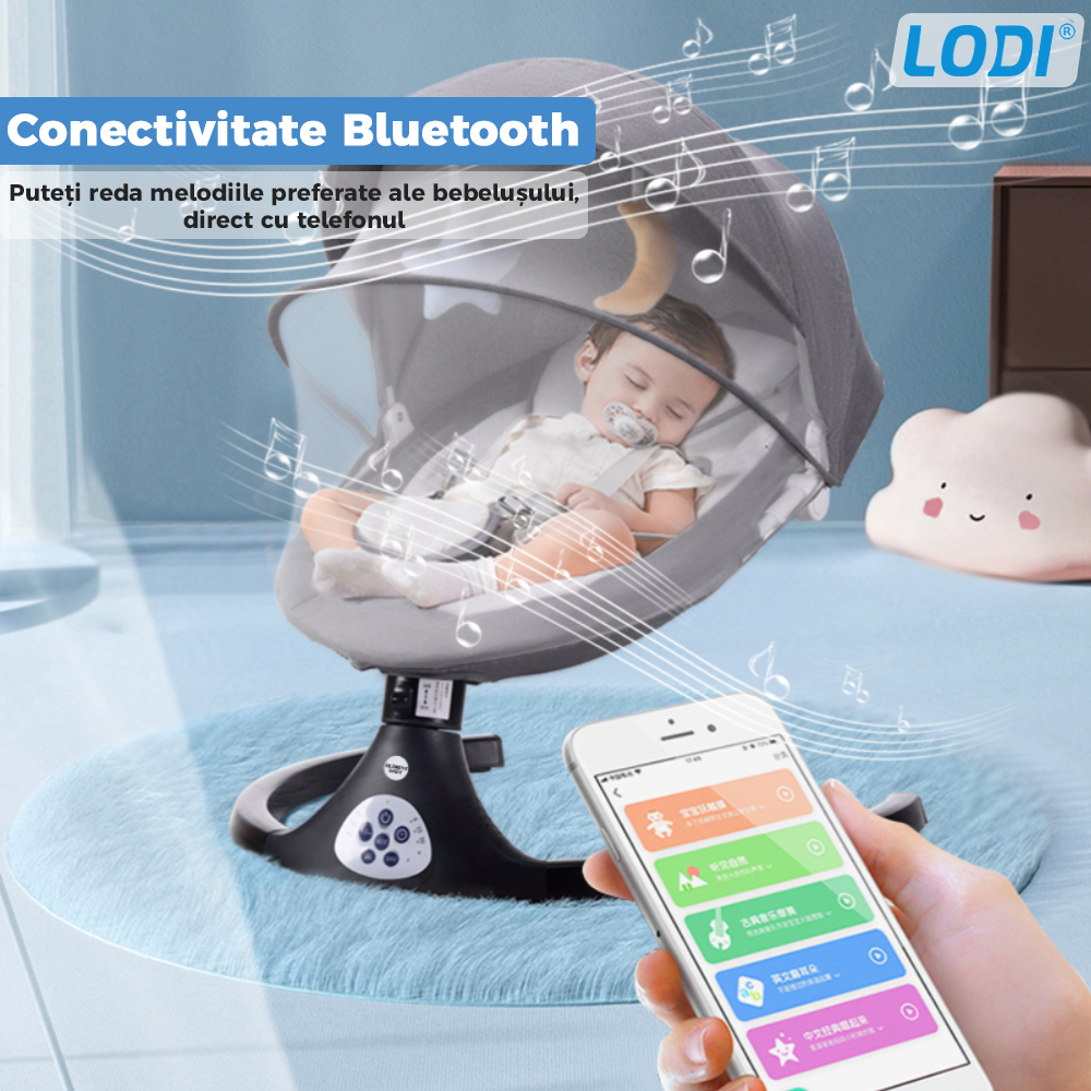 Leagan Electric Lodi122, conectivitate Bluetooth, telecomanda, tava detasabila, acoperis rabatabil, plasa protectie tantari pentru bebelusi, jucarii, muzica, gri