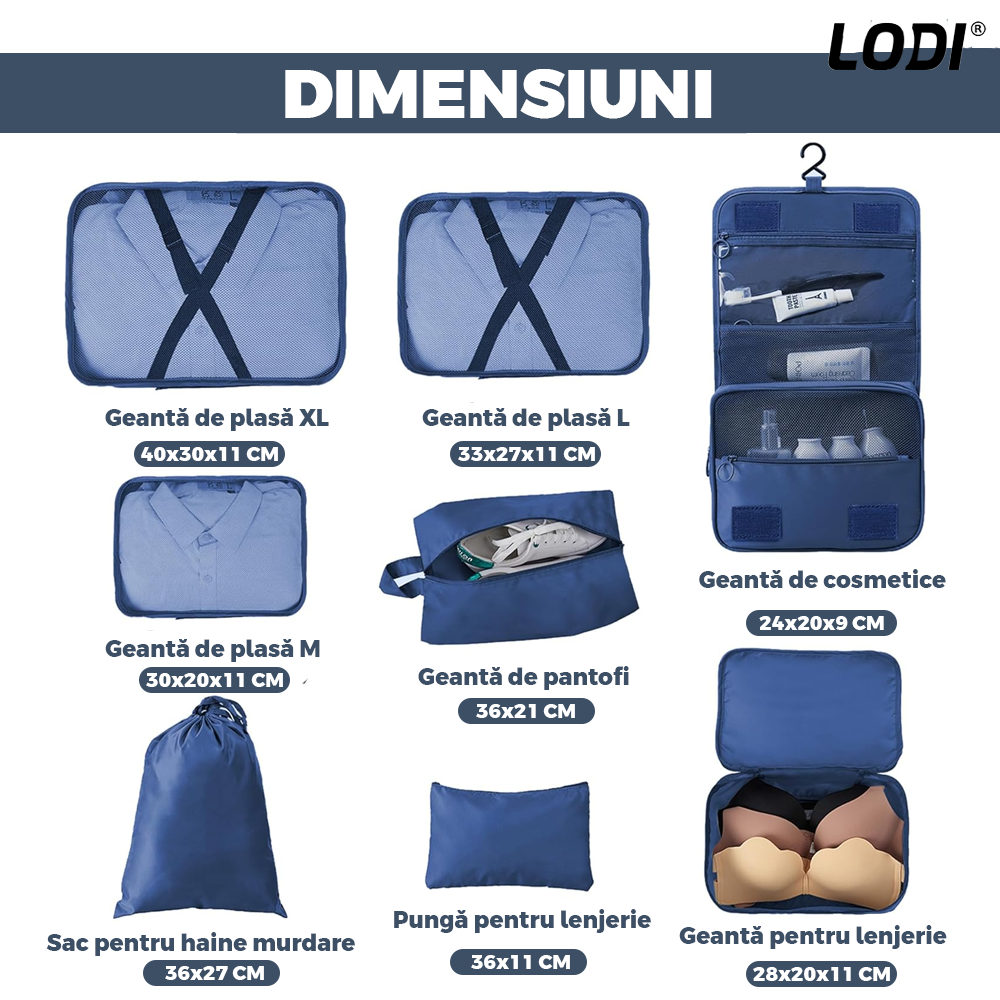 Set 8 Organizatoare Lodi672, pentru calatorie, diferite marimi, 3 genti cu plasa, 1 geanta pentru lenjerie, geanta pentru cosmetice, sac pentru hainele murdare, inchidere cu fermoar dublu, plasa, albastru inchis