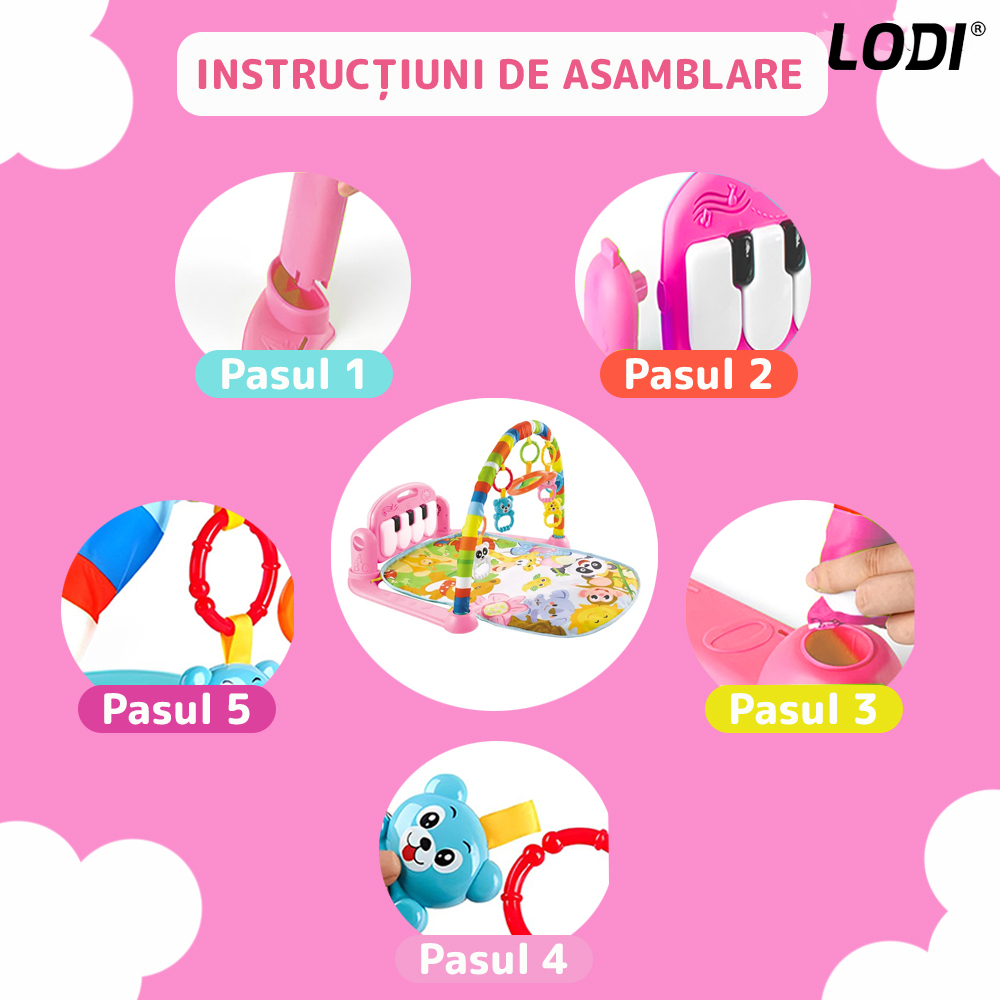 Centru de Activitati si Joaca Lodi327, saltea interactiva pentru copii  cu sunete, multifunctional, pian si oglinda detasabile, jucarii zornaitoare, 4 moduri interactive si educative, roz