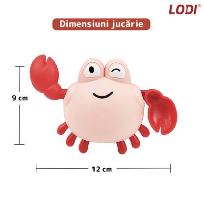 Jucarie de Baie pentru Copii Lodi857, Crab Inotator, interactiva, fara baterii, mecanism cu cheita, 9 x12 cm, bej/rosu