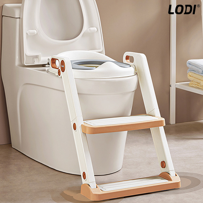 Reductor WC cu Scara Lodi647, antiderapant, pentru copii cu varsta pana la 7 ani, protectie impotriva stropilor, 2 trepte, reglabil pe inaltime, manere de sustinere, alb/rose gold