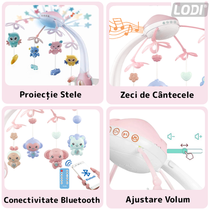 Carusel Muzical pentru Patut Lodi526, Bebe, control prin telecomanda, proiector, muzica si lumini, jucarii detasabile, roz