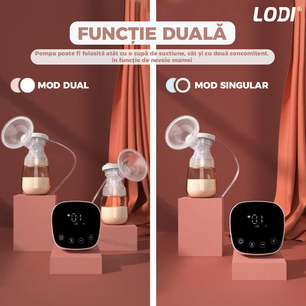 Pompa de San Electrica Dubla Lodi35, 3 functii, 9 niveluri de intensitate, 2 biberoane, masaj, stimulare, suctiune, afisaj digital, touch screen, capacitate 300ml, roz