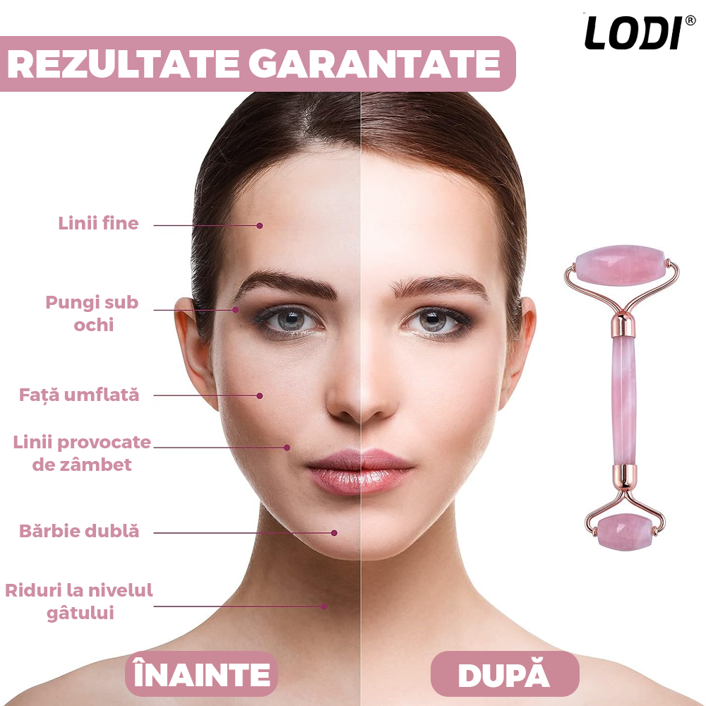 Set 3 Accesorii pentru Masaj Facial Lodi655, cu aparat face roller, piatra gua sha, pensula pentru aplicarea cosmeticelor, rezultate vizibile, piatra naturala  din quartz roz
