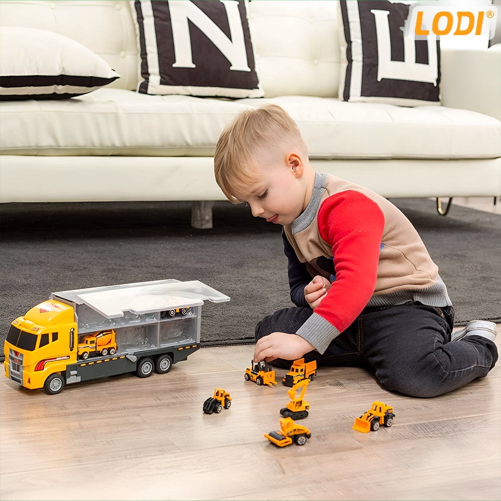 Set Camion Trailer de Jucarie pentru Transport Lodi1165, seria utilaje de constructie, 11 masinute incluse, bulldozer, utilaje, tir, accesorii mobile, lansator si rampa frontala, platforma tractare, galben