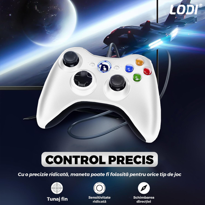 Controller de Joc cu Fir Lodi1426, compatibil cu Xbox 360/Slim/PC Windows 7/8/10, vibrații duble turbo cu 3 intensități, sensitivitate ridicată, cablu cu lungime de 2.5 m, alb