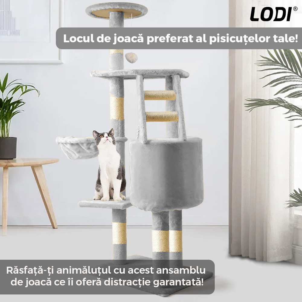 Ansamblu de Joaca pentru Pisici Lodi820, tip turn, 1 platforma de observatie, 4 niveluri, 1 casuta, scara, franghie si mingiute de joaca, stalpi pentru zgariat, captuseala extra moale, structura stabila, 118 cm, gri deschis