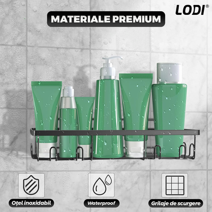 Set 2 Rafturi pentru Dus Lodi1265, depozitare si organizare, baie/bucatarie, otel inoxidabil, montare adeziva, rezistenta ridicata, cuiere incorporate, suporturi inalte, negru