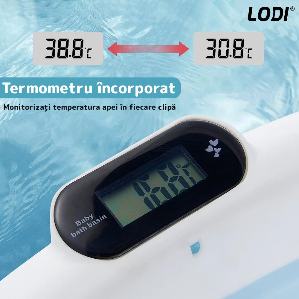 Cadita cu Pernuta pentru Bebelusi Lodi1316, casca de protectie inclusa, termometru digital incorporat, pliabila, dop de scurgere, picioare anti-alunecare, design ergonomic, 75 x 45 x 22 cm, albastru