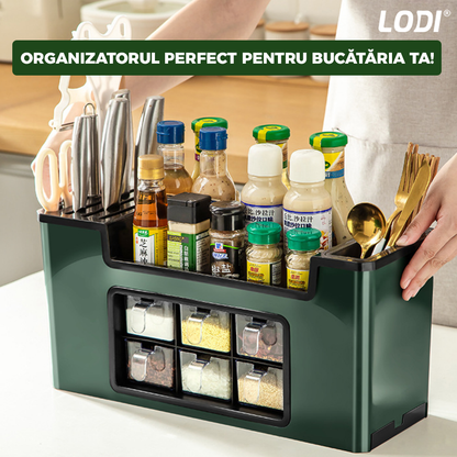 Organizator Multifunctional pentru Bucatarie Lodi533, 6 Compartimente, raft condimente, suport detasabil telefon,  tavita de scurgere, suport tacamuri/ustensile, verde