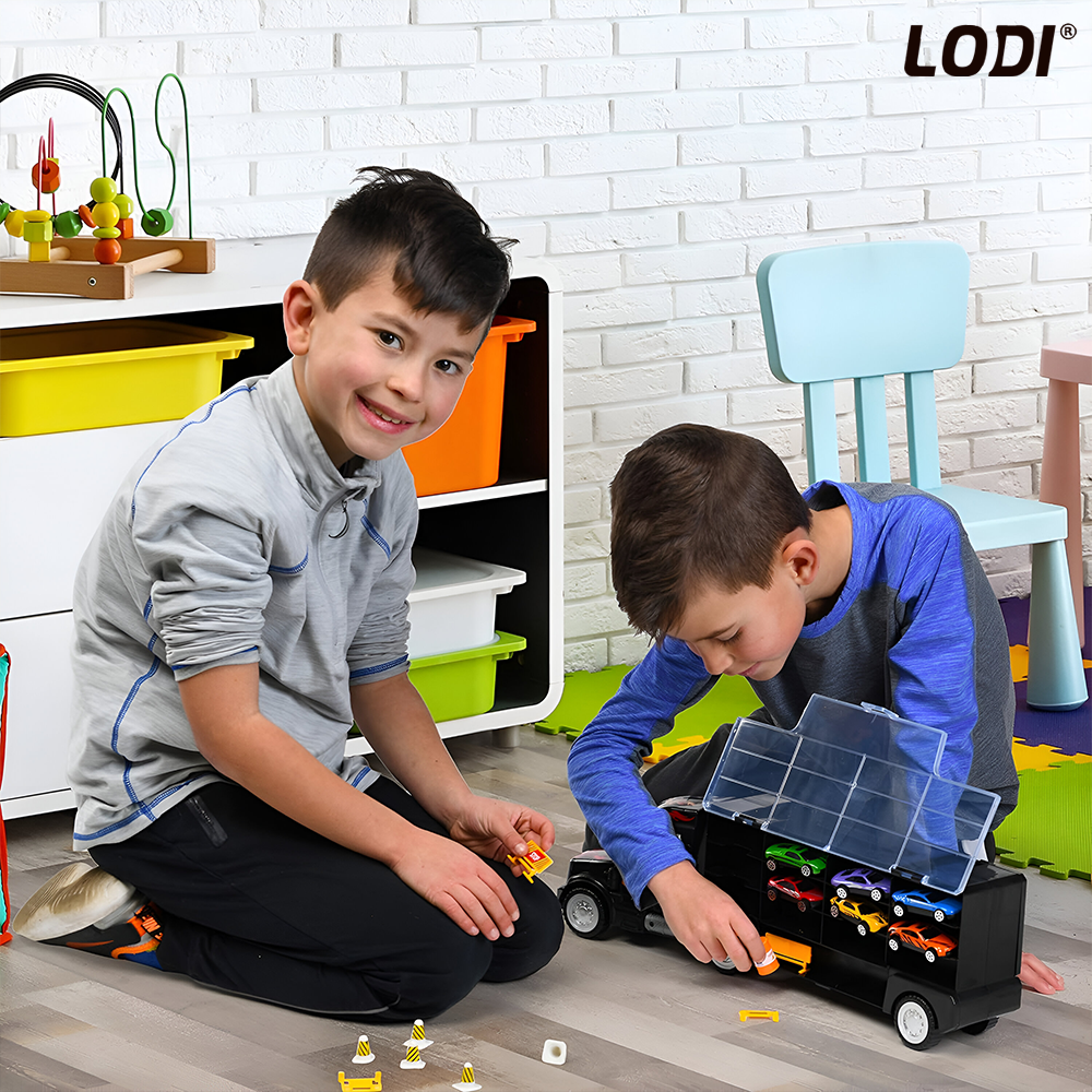 Set Camion Trailer de Jucarie pentru Transport Lodi1167, pentru masinute de curse, 9 masinute incluse, semne de circulatie, accesorii mobile, plastic si metal, scara 1:22, negru