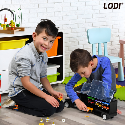 Set Camion Trailer de Jucarie pentru Transport Lodi1167, pentru masinute de curse, 9 masinute incluse, semne de circulatie, accesorii mobile, plastic si metal, scara 1:22, negru