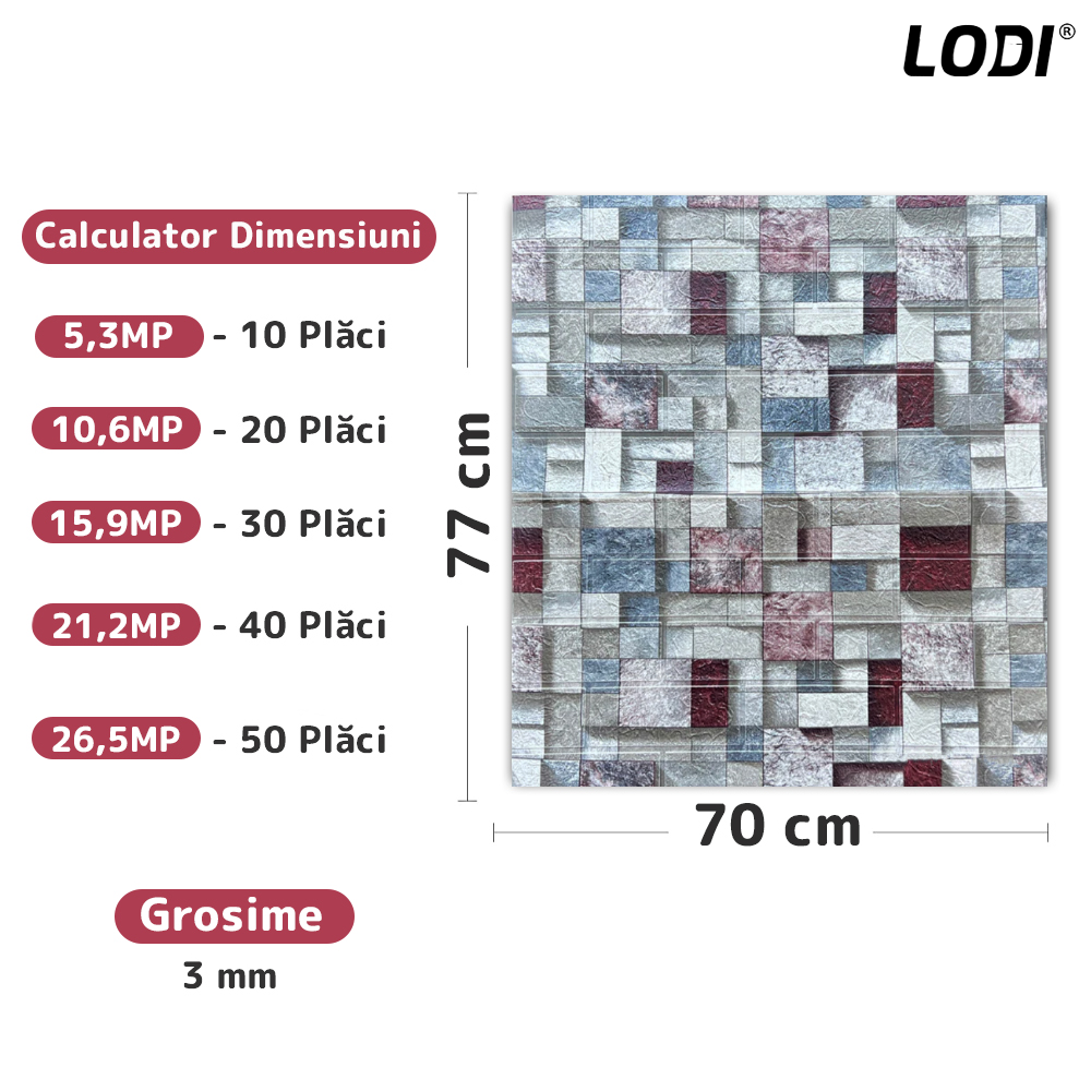 Set Tapet Caramida 3D Lodi®, Model Piatra Mozaic, autoadeziv, waterproof, usor de montat, design modern, 70x77 cm, multicolor