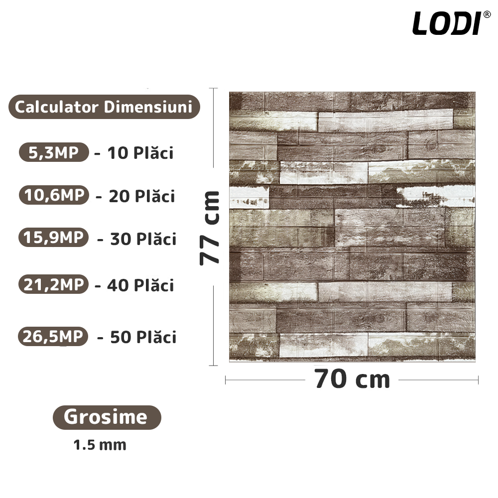 Set 10x Tapet Caramida 3D Lodi1087, Model Lemn, suprafata acoperire 5.3. mp, autoadeziv, waterproof, usor de montat, design modern, 70x77 cm, maro inchis
