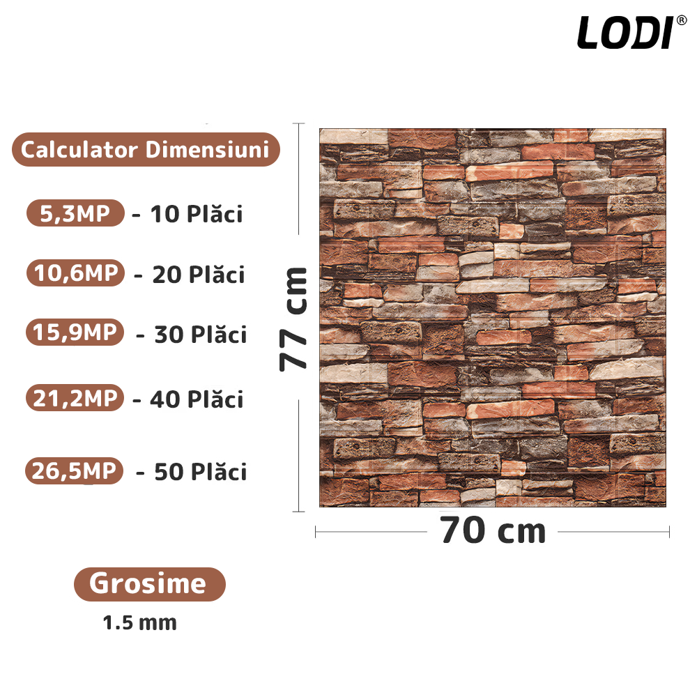 Set 10x Tapet Caramida 3D Lodi1089, Model Piatra Naturala, suprafata acoperire 5.3. mp, autoadeziv, waterproof, usor de montat, design modern, 70x77 cm, maro rosu
