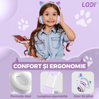 Casti Wireless Model Pisica Lodi947, STN-28, overear, urechi de pisica cu iluminare RGB, bluetooth 5.0, handsfree, HiFi, bass stereo, lila