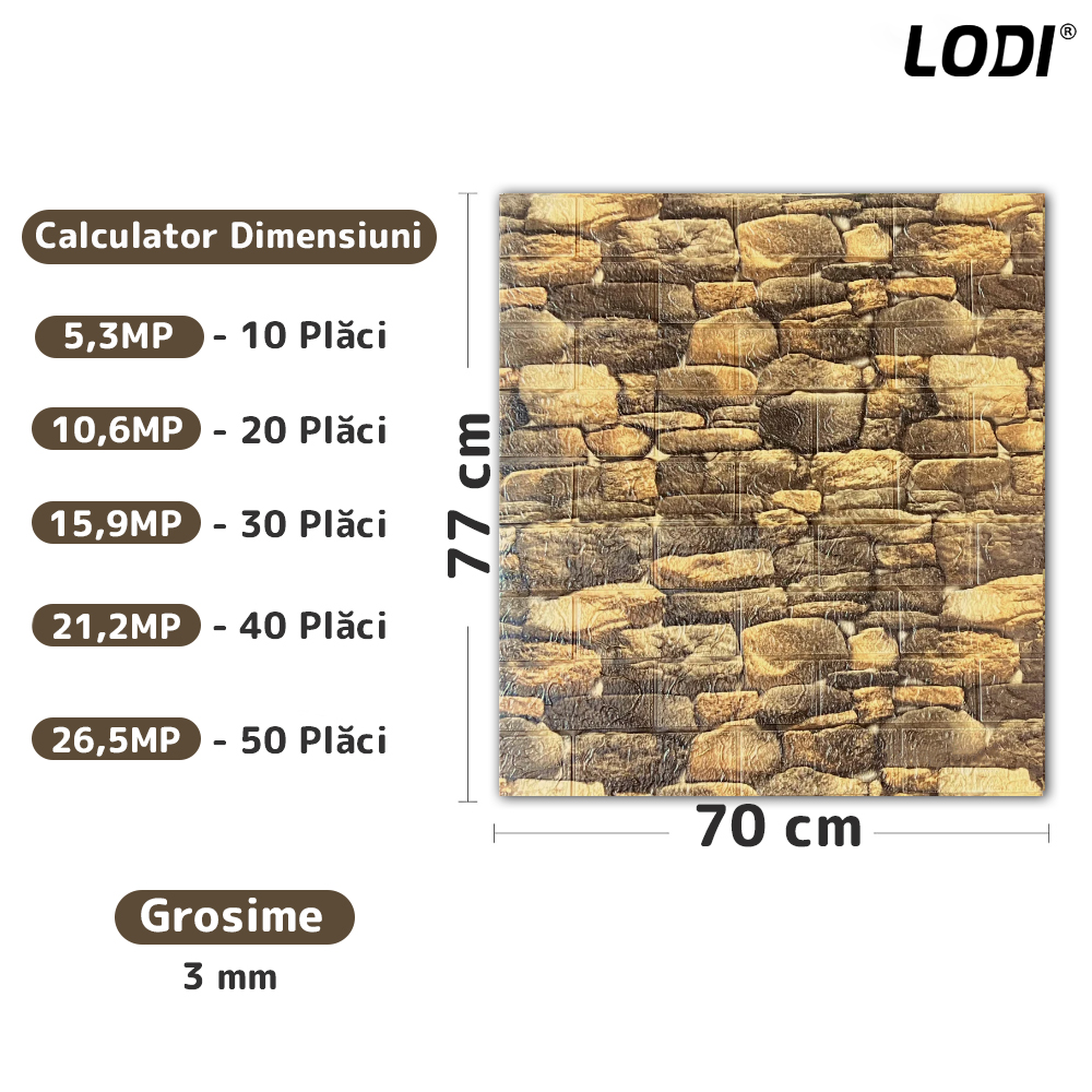 Set Tapet Caramida 3D Lodi245, Model Piatra Rotunda, suprafata acoperire 5.3 mp, autoadeziv, waterproof, usor de montat, design modern, 70x77 cm, maro