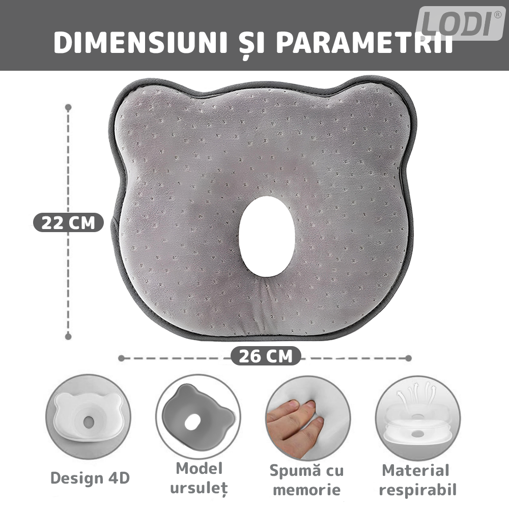 Perna pentru Bebelusi Lodi994, model ursulet, husa de protectie inclusa, spuma cu memorie, anti-plagiocefalie, pentru formarea capului, 26x22 cm, gri inchis