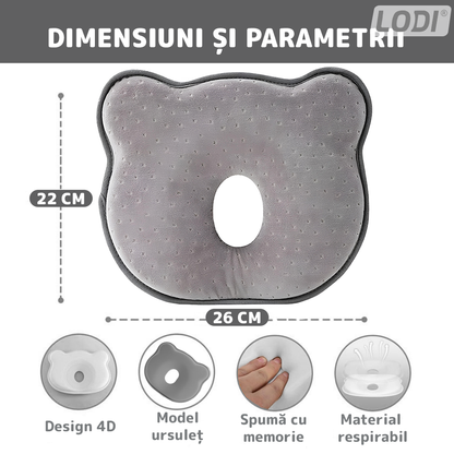 Perna pentru Bebelusi Lodi994, model ursulet, husa de protectie inclusa, spuma cu memorie, anti-plagiocefalie, pentru formarea capului, 26x22 cm, gri inchis