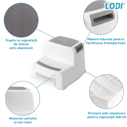 Scaunel Inaltator pentru Copii Lodi852, multifunctional, doua trepte, suprafata anti-alunecare, picioruse antiderapante, pentru bucatarie/baie, tip scara, confortabil, sigur, alb
