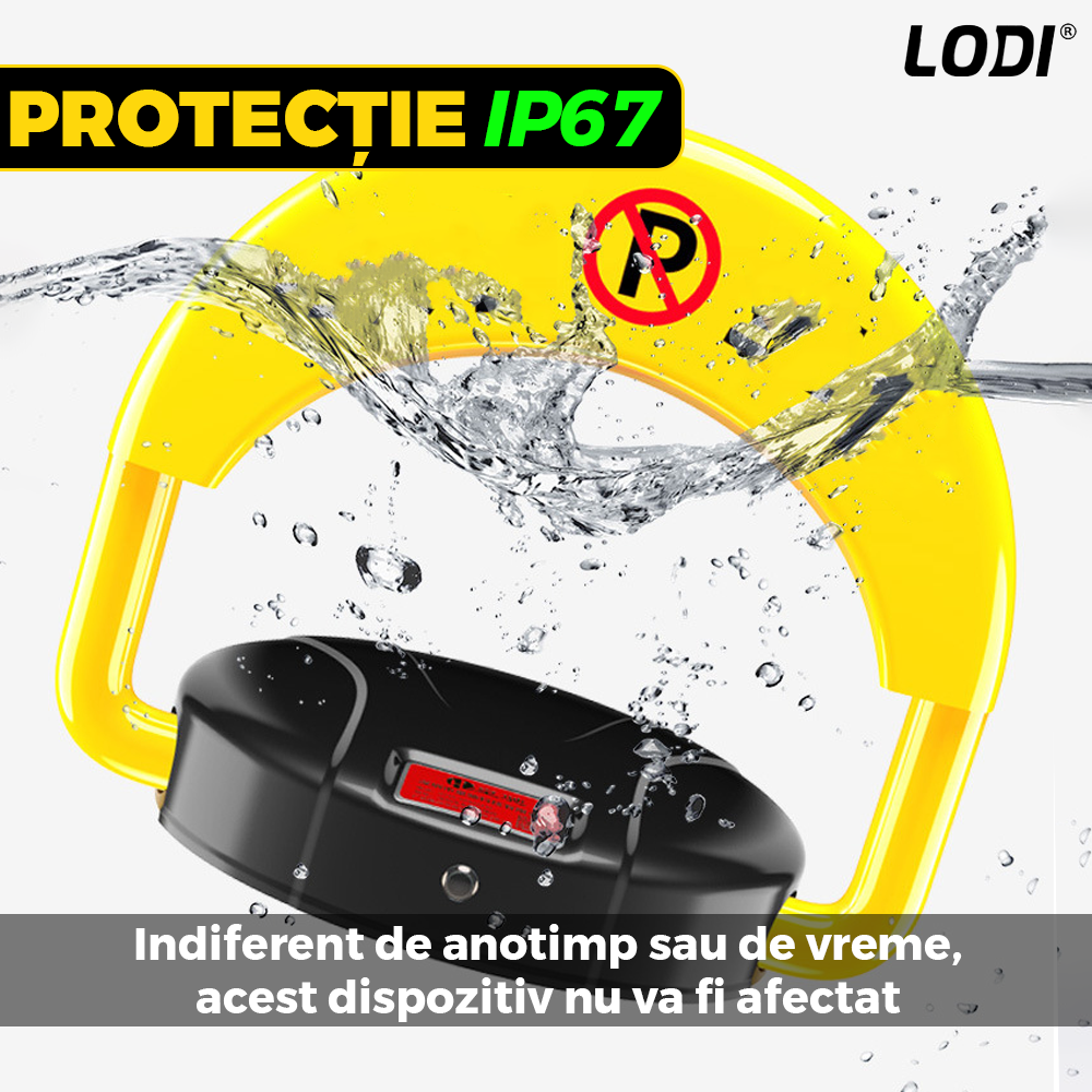 Blocator Parcare Automat Lodi674, pentru loc parcare si alee, cu telecomanda si alarma, greutate suportata 2 tone, material rezistent, anti-rugina, alimentare pe baterii, negru/galben